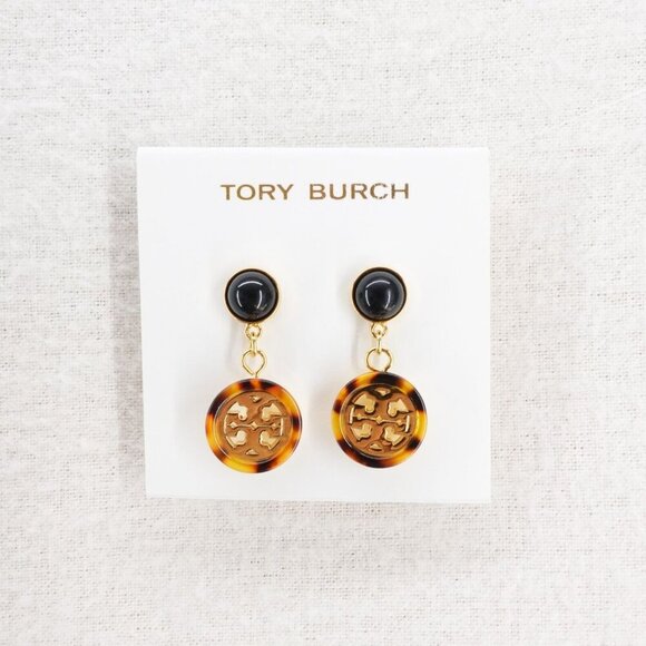 Tory Burch Tortoise Shell Logo Drop Earrings Gold OS - Picture 1 of 14
